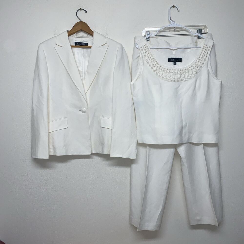 Jasper 3PC Ivory Linen Blend Pants Suit Sz 14 Blazer/tank/Pants Lined Wedding